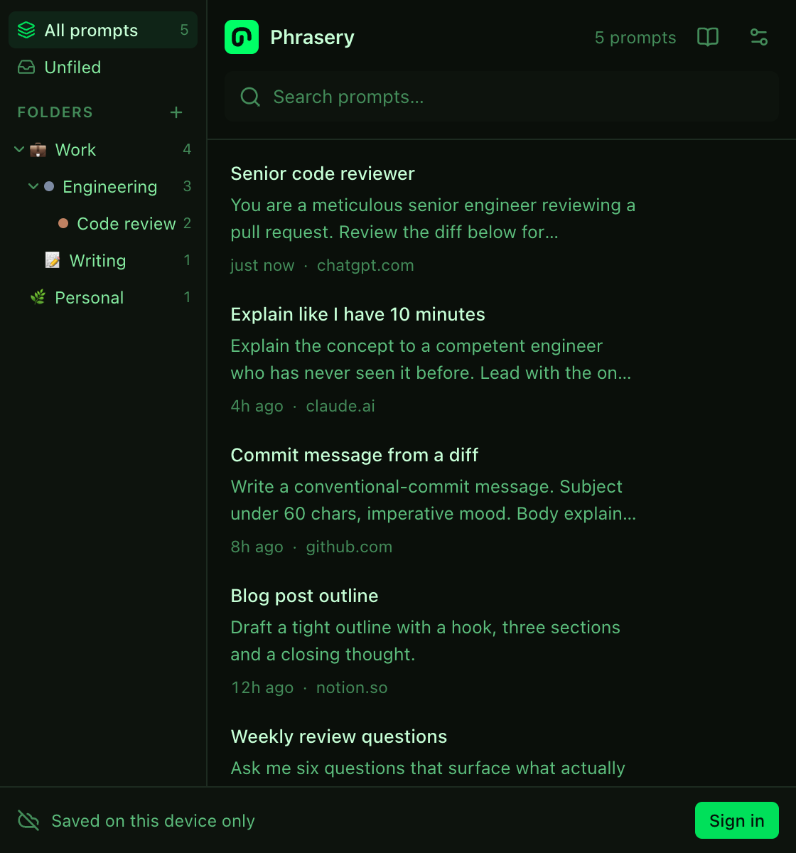 Phrasery in the Hacker theme
