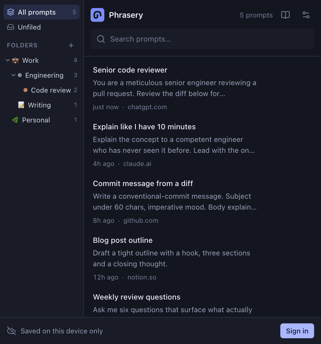 Phrasery in the Midnight theme