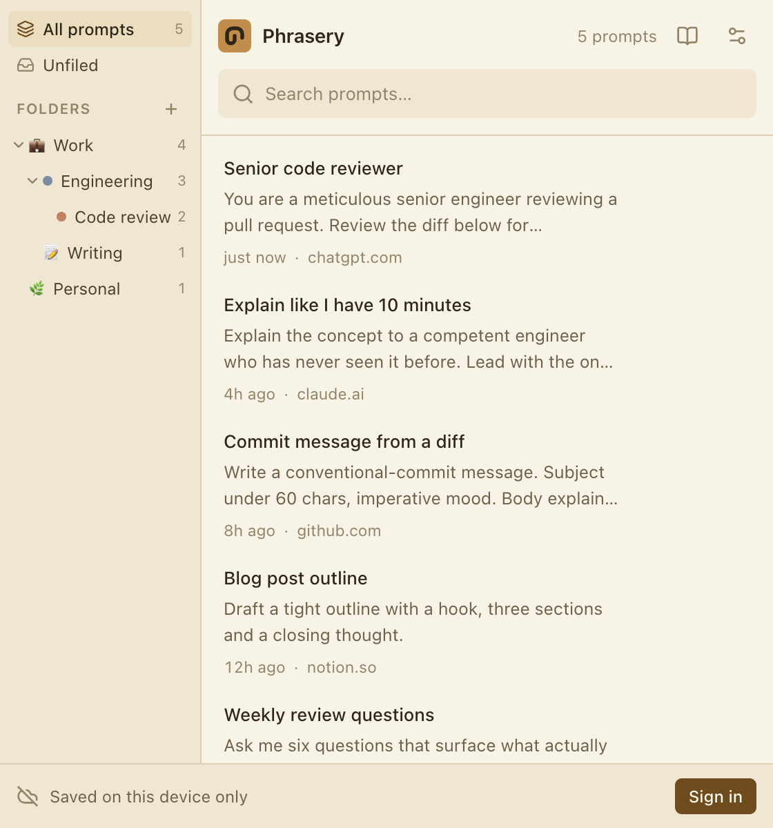 Phrasery in the Parchment theme