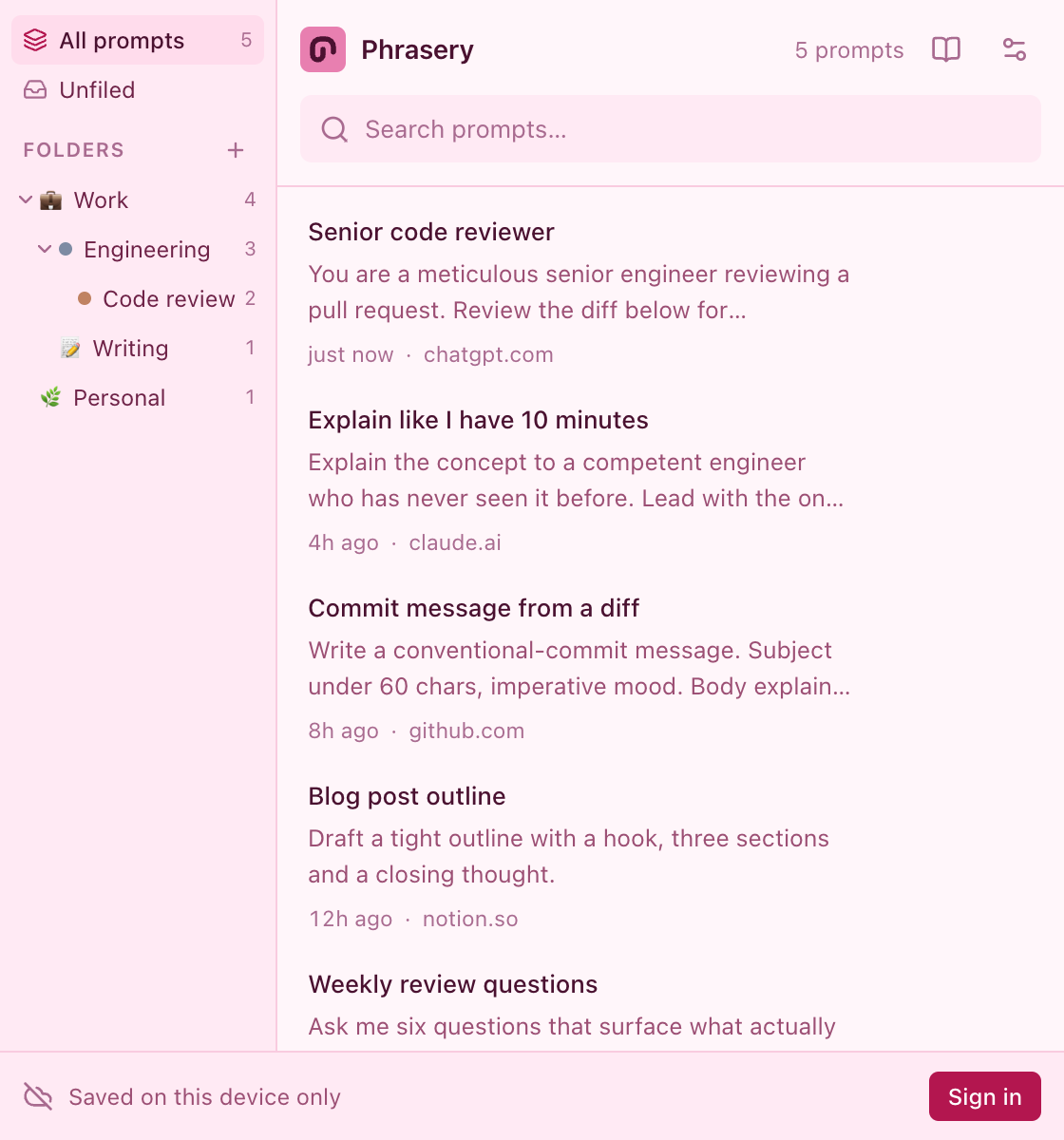 Phrasery in the Princess theme