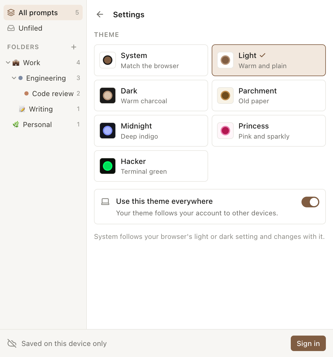 The settings panel showing the theme picker